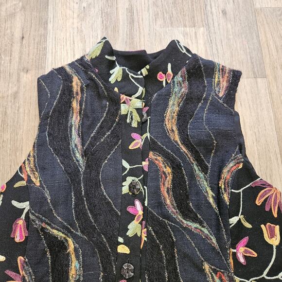 Vtg Embroidered Floral Vest Womens S Black Wool Silk Multi Cottagecore Button Up - Picture 3 of 9
